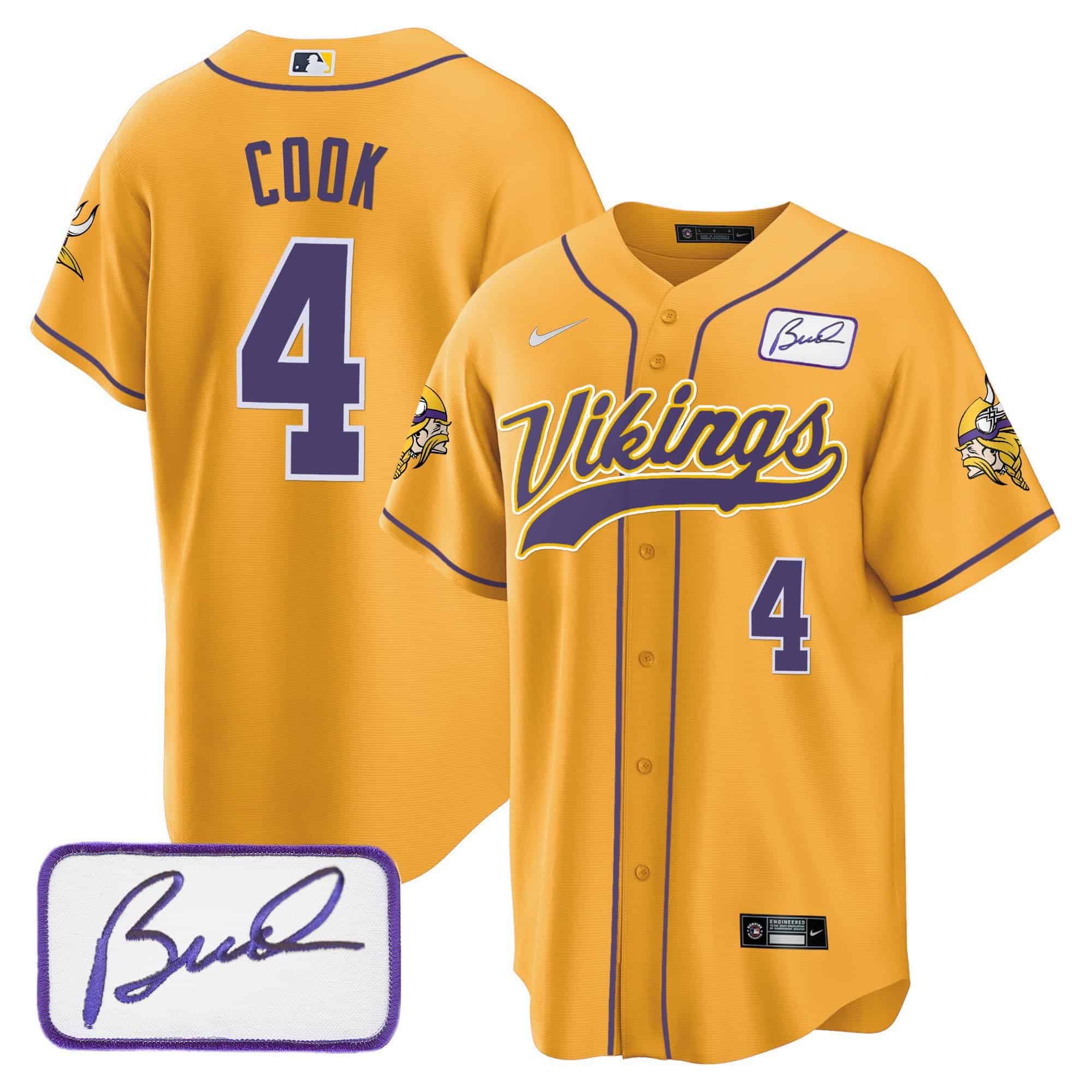 Men Minnesota Vikings 4 Cook Yellow 2024 Nike Bud Grant Patch Classic Baseball NFL Jersey